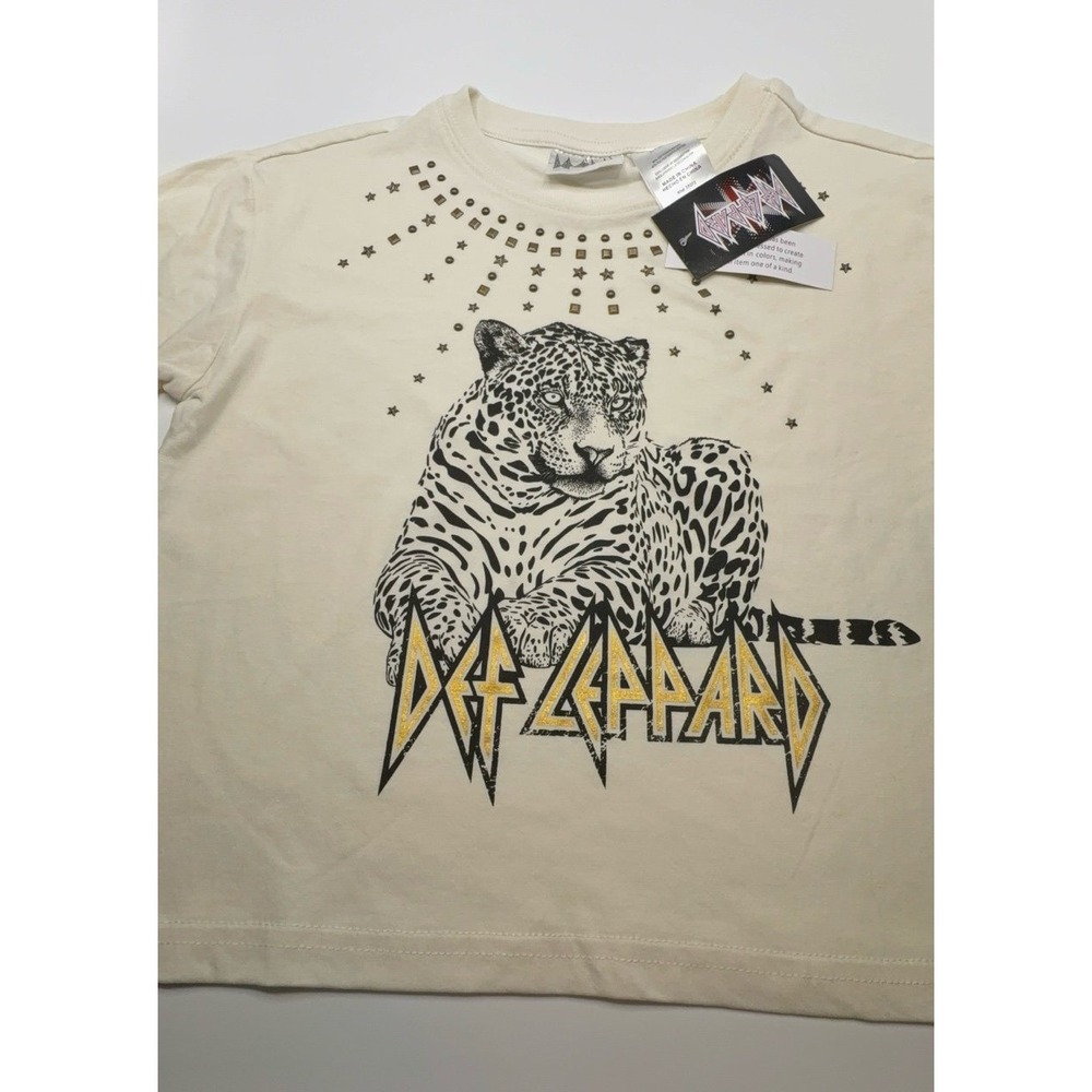 NEW youth girls size large (10/12) oversized Def Leppard cream with gems Tshirt.